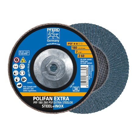 Pferd 7" x 5/8-11 Thd. POLIFAN Flap Disc - Z PSF EXTRA STEELOX, Zirconia, 60 Grit, Flat 60509
